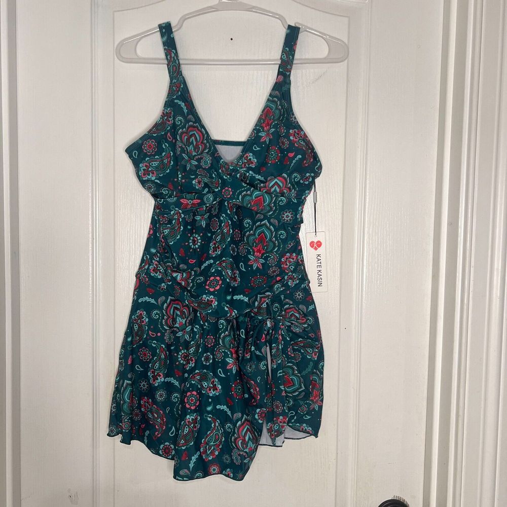 Kate Kasin Teal Paisley Floral V-Neck Swim Dress Adjustable Straps Size M NWT